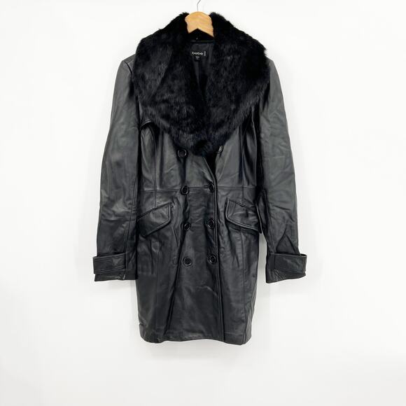 bebe Vintage Black Leather Jacket Rabbit Fur Collar Black Size Large - Picture 3 of 9